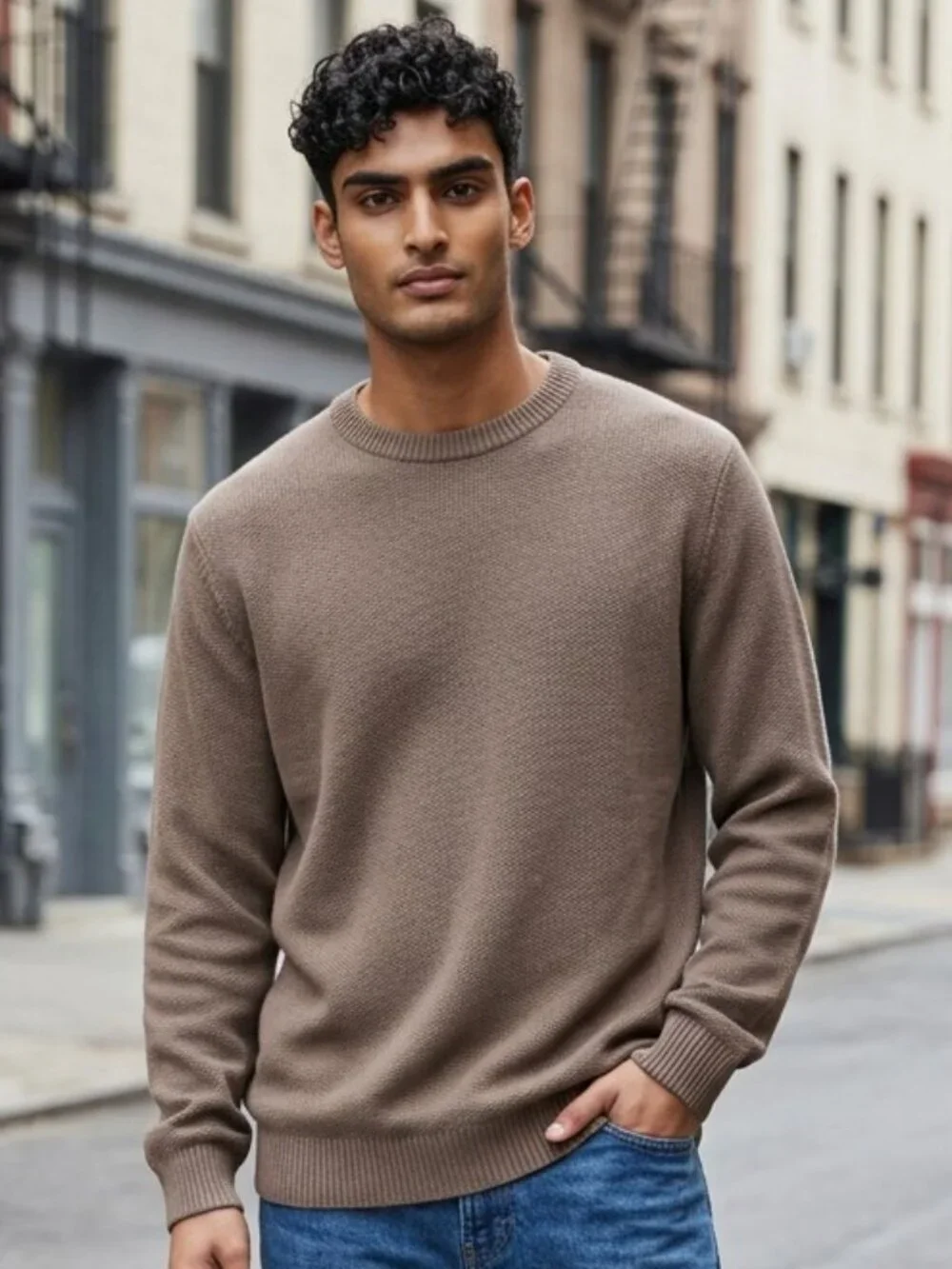 prAna Slim Fit Crewneck Knit Sweater Textured Taupe Brown Heather Men's Large